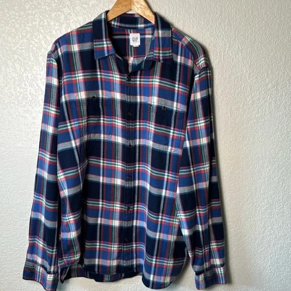 Gap Men’s Plaid Logger Flannel‎ Cotton Button Down XL Shirt Blue Green Red White - Picture 1 of 6